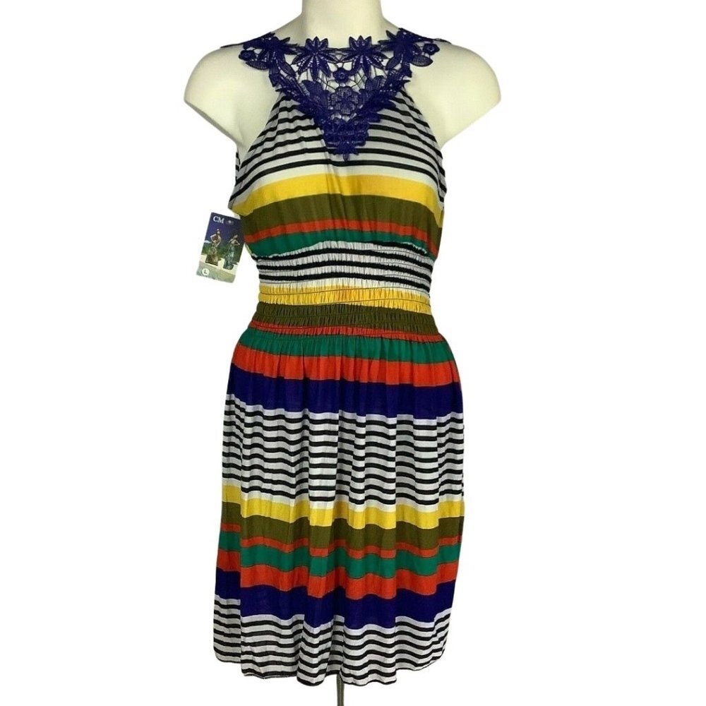 CM Crochet Purple Applique Beach Babydoll Stripe Mini Dress Sz. Jr Large NWT